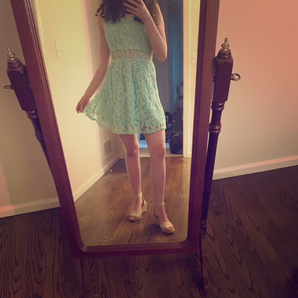 Teal lace mini dress.